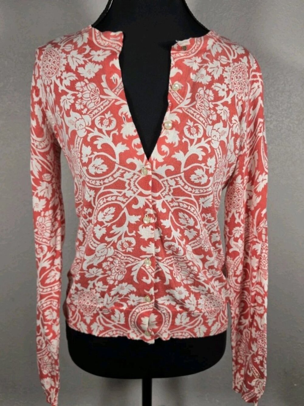 Ann Taylor Womens V Neck Button Up Long Sleeve Floral Pima Cardigan Sweater XS